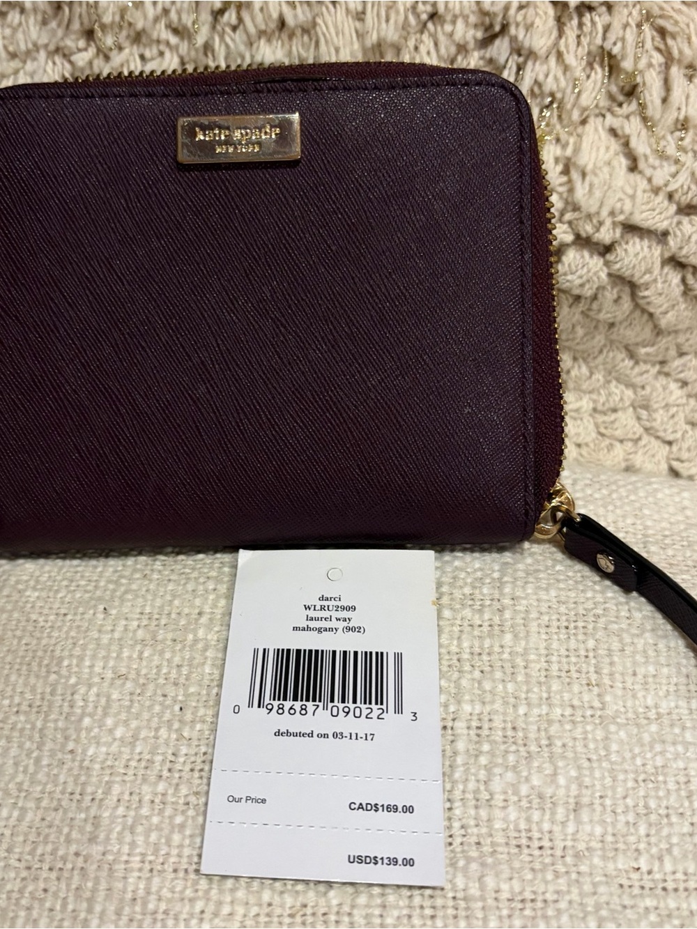 Kate Spade Darci Laurel Way French zip around wallet Mahogany with tag